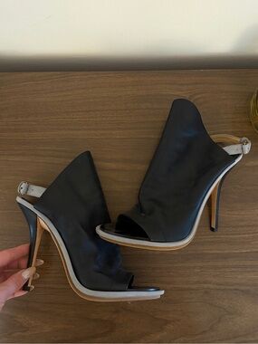 Balenciaga Black Peep-Toe Stiletto Mule with Beige Trim